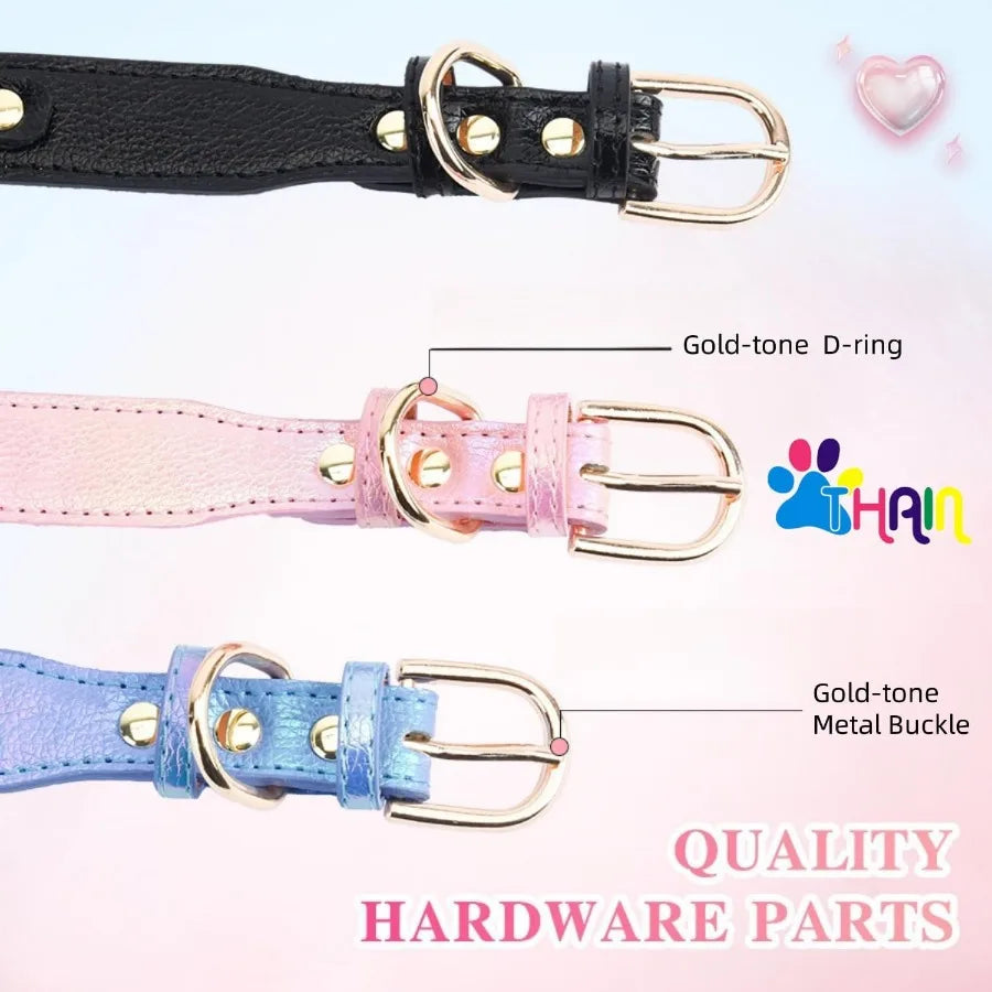 Fashion Dog Collar with Bling Diamonds Heart Charm 5 Holes Adjustable PU Leather Rhinestones Necklace Collar Gold Buckle for Sm