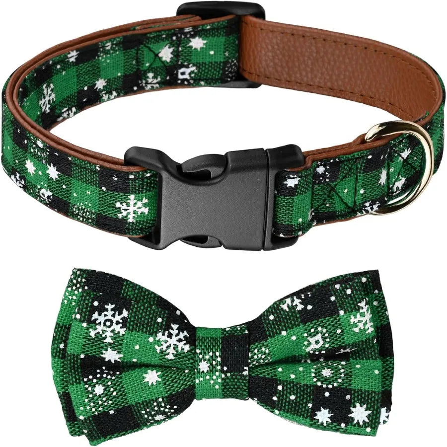 Adjustable Christmas Dog Collar Girl Boy with Detachable Bowtie Classic Plaid Snowflake Dog Christmas Collar Soft Leather Cotto