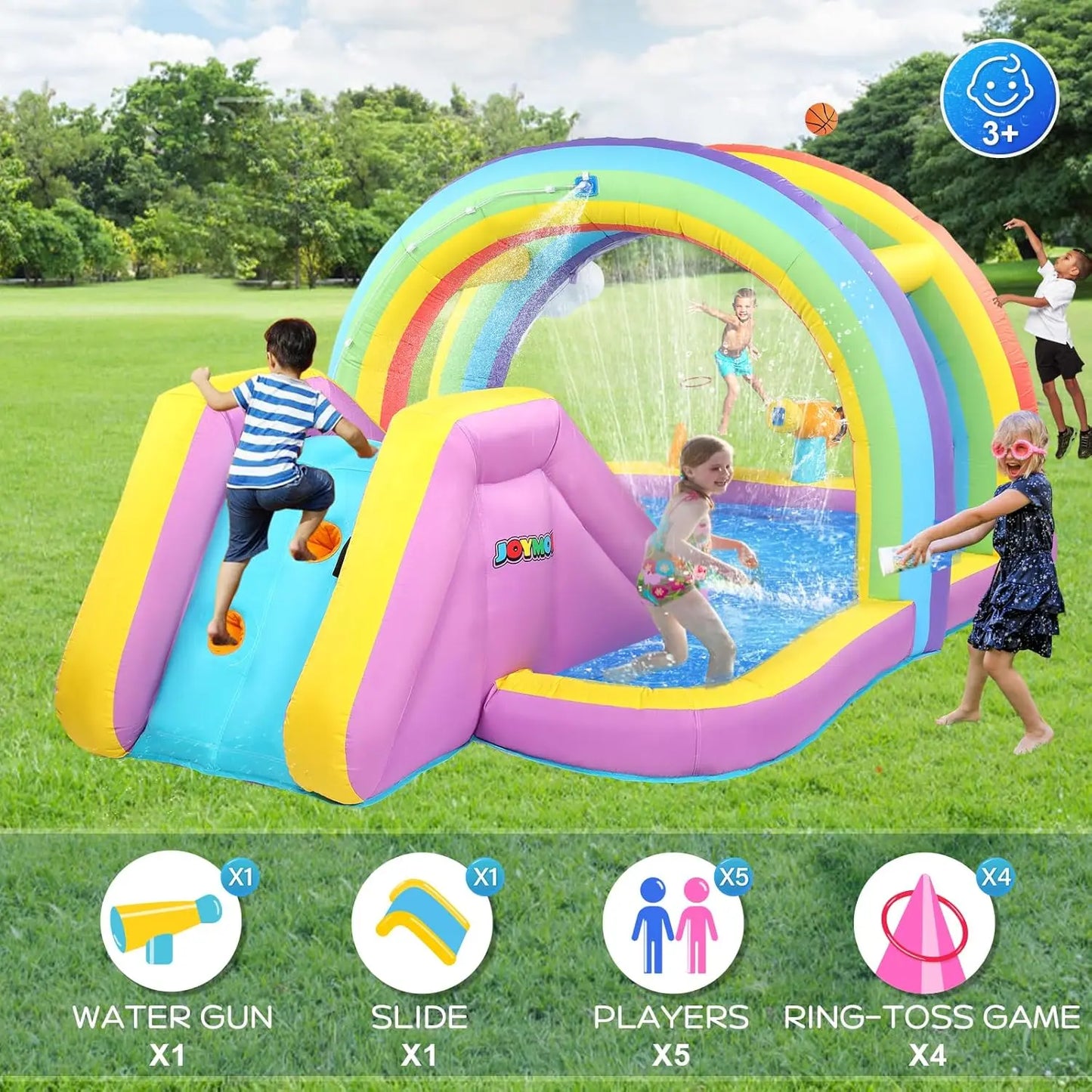 Inflatable Water Slide w/Climbing Wall, Water Cannon, Basketball Hoop, Kids Water Slide Bounce House w/Arch Sprinklers, 30s Blow