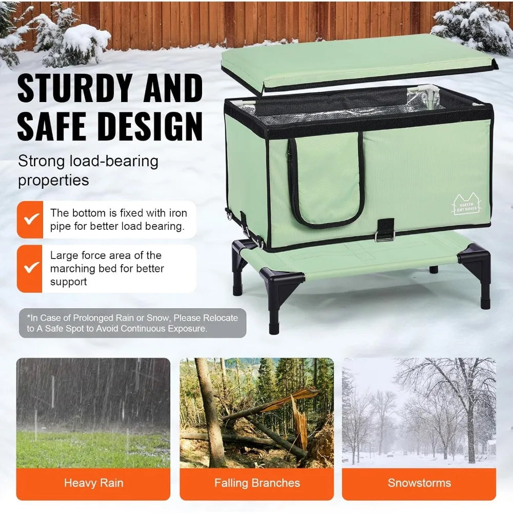 Elevated Heated Cat House, Cuboid Kitty Shelter, 900D Oxford Cloth Foldable Cat Shelter with Heated Pad for Winter to Stay Warm
