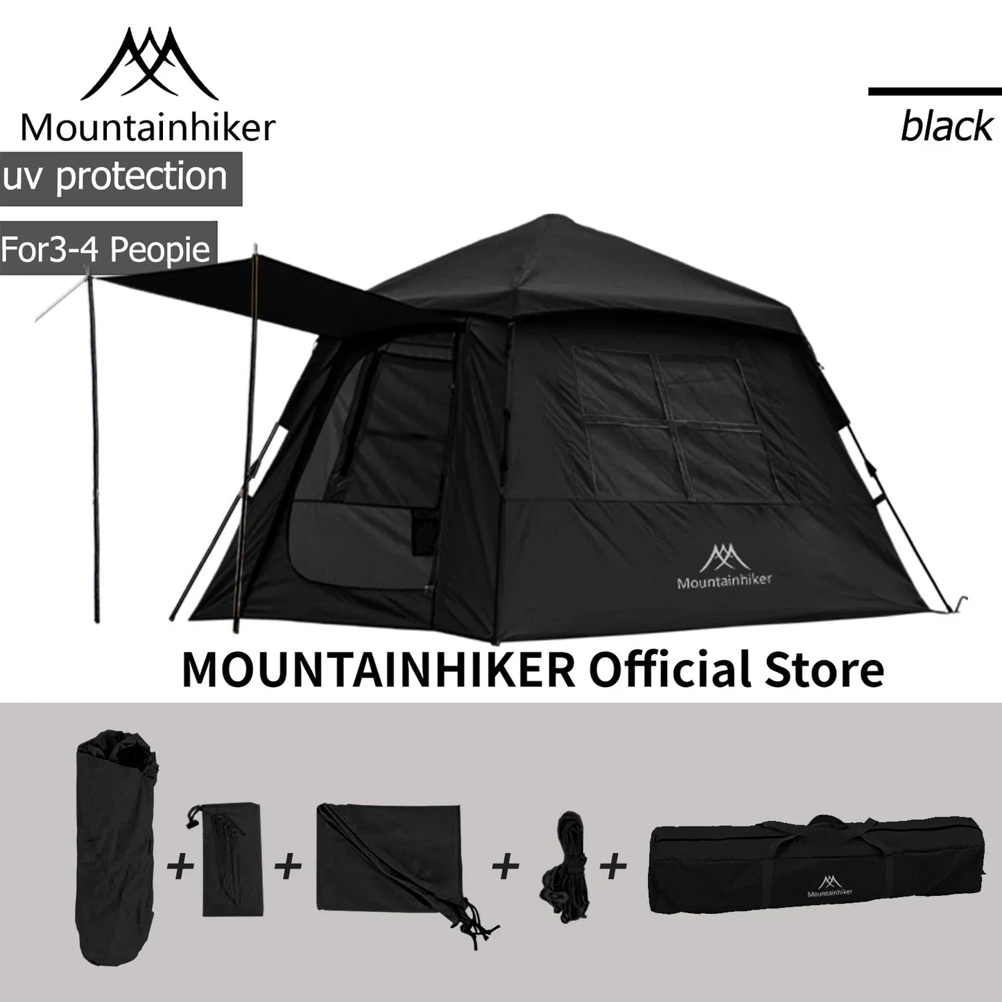 MOUNTAINHIKER Automatic Tent, Size 3-4 Persons, 2 Doors, 2 Windows, Sleeping Tent, Outdoor Tent, Hiking and Camping Tent Black