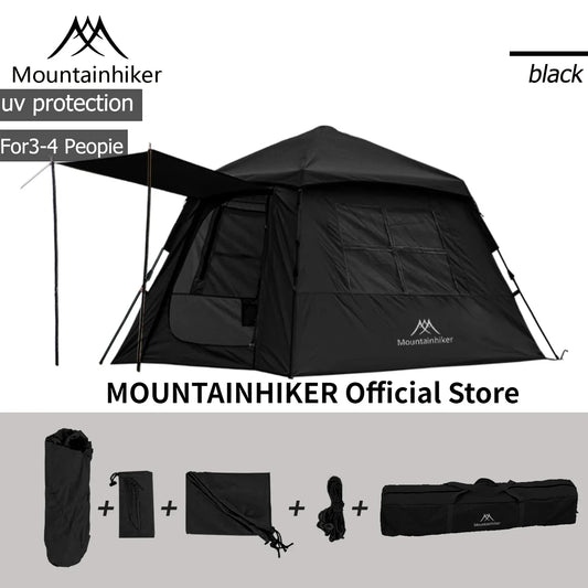MOUNTAINHIKER Automatic Tent, Size 3-4 Persons, 2 Doors, 2 Windows, Sleeping Tent, Outdoor Tent, Hiking and Camping Tent Black