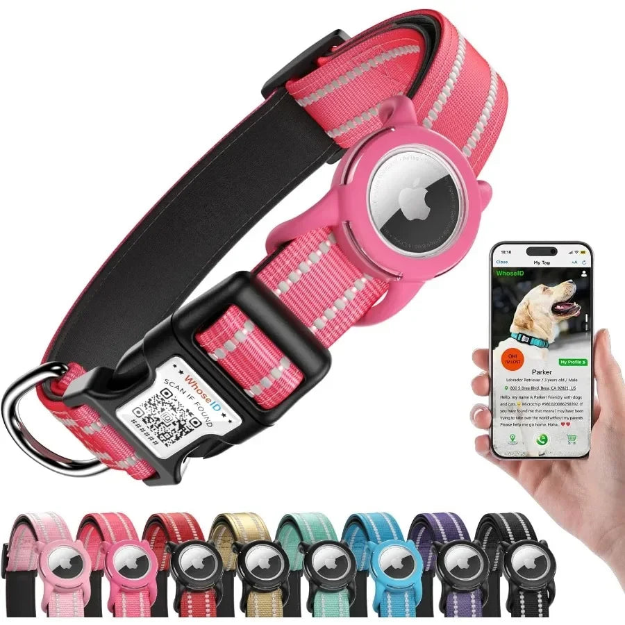 Airtag Dog Collar with QR Code Reflective Dog Collar with Airtag Holder Soft Padded Safety Locking Buckle Adjustable Dog Collar