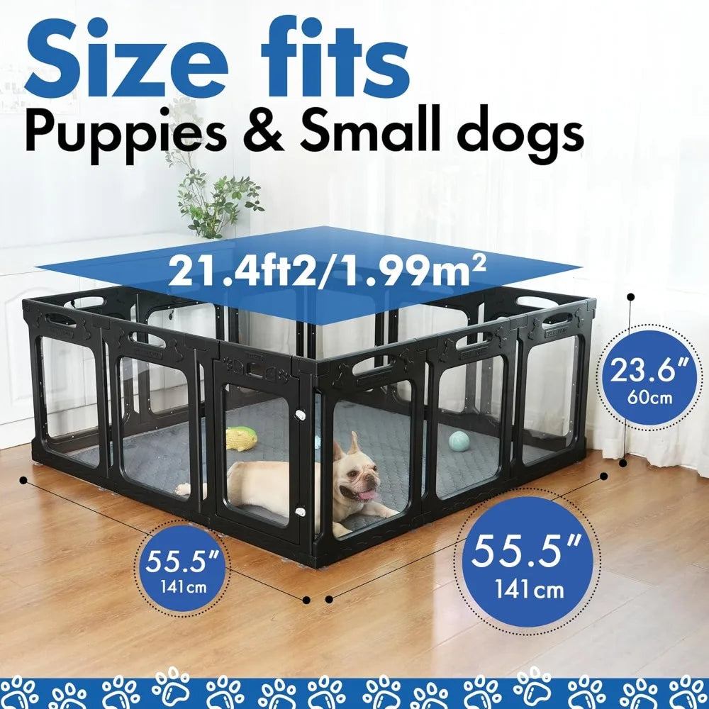 Playpen with Door - Height 24 Inch, 12 Panels - Reduces Indoor Puppy/Small Dog Anxiety, Black
